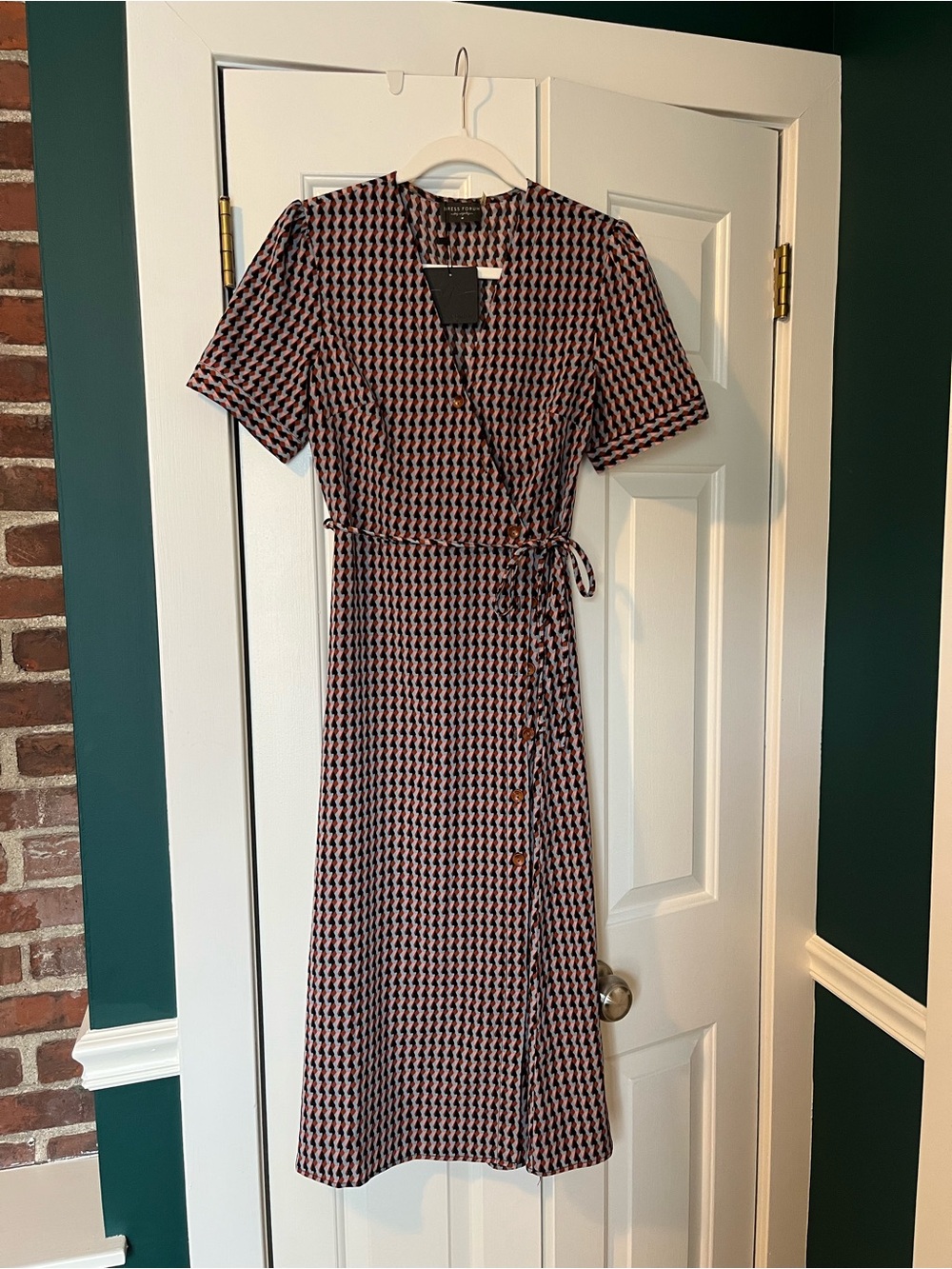 NWT Dress Forum Brown Houndstooth Faux Wrap Midi Dress | Size M